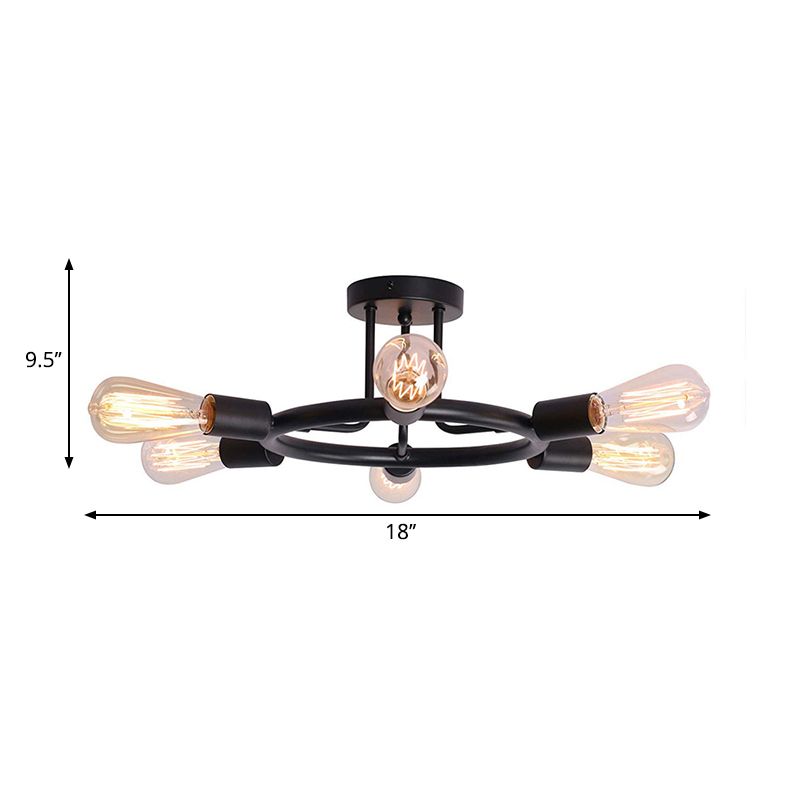 Bare Bulb Semi Flush Ceiling Light Mid Century Metallic 6 Heads Semi Mount Light in Brass/Black Finish