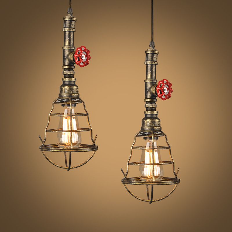 Single Bulb Shaped Cage Pendant Light Industrial Metal Suspension Light Fixture with Red Valve Deco