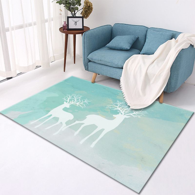 Light Blue Modern Rug Polyester Deer Indoor Rug Washable Rug for Living Room
