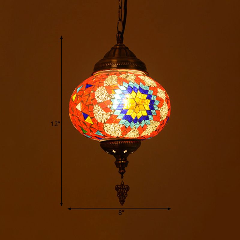Stained Glass Spherical Hanging Light Vintage 1 Light Living Room Drop Pendant in Red/Blue/Yellow
