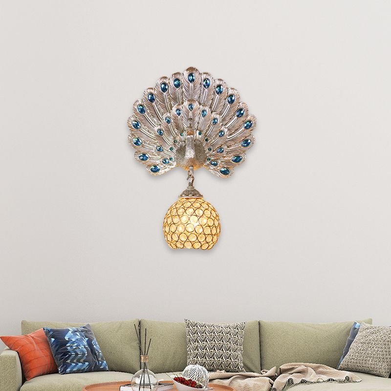 Élégant élégant élégant application de lumière murale Crystal Crystal 1 lampe murale légère avec plaque arrière de paon en argent / blanc