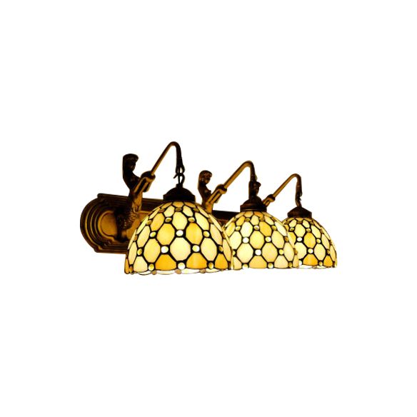 Dome Beige Glass Wall Light Fixture Tiffany 3 Heads Brass Sconce Lighting with Mermaid Backplate