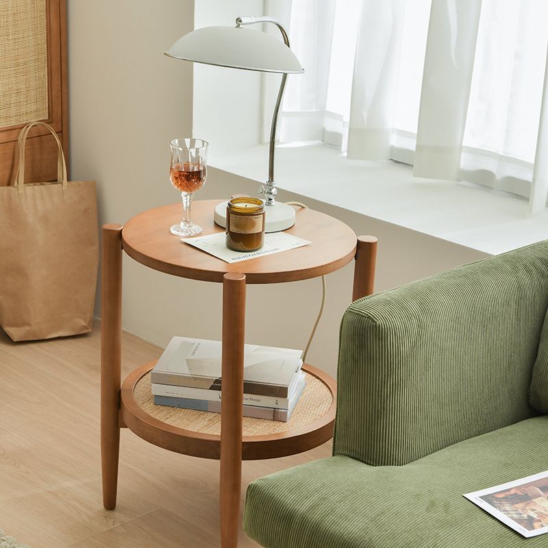 Round Glass/ Wood Top Coffee Table 4 Legs Cocktail Table with Shelf
