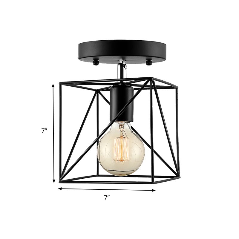 Lámpara de techo cuadrada de estilo industrial con marco de alambre, luz semi empotrada de metal de 1 cabezal en negro