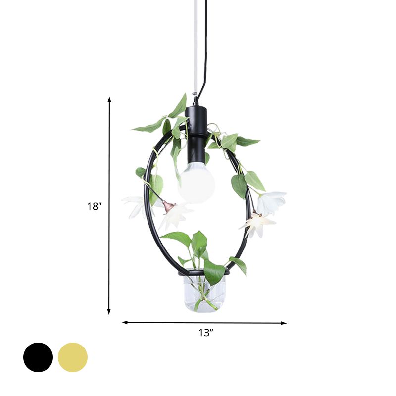 1 leichte Anhängerlampe Bauernhausdreieck/runde/quadratische Rahmen Metall Hanging Deckenlicht in Schwarz/Gold mit Pflanzentopf und falsche Blumenrebe