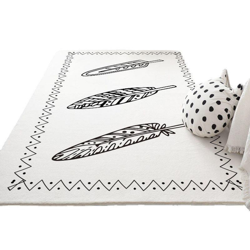 White Modern Rug Polyester Line Area Rug Non-Slip Backing Rug for Drawing Room
