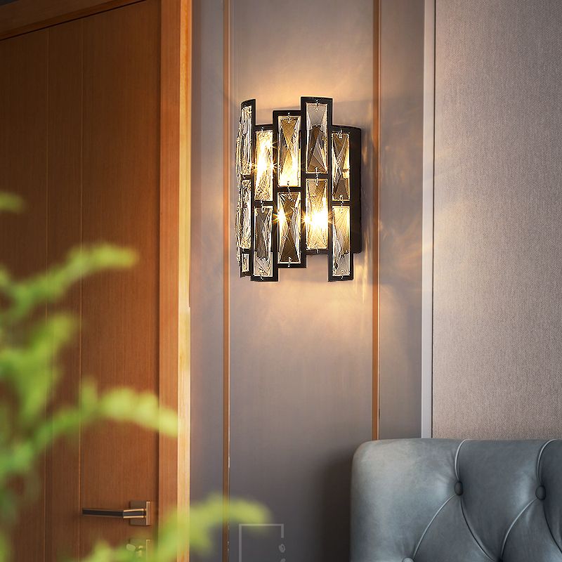 Half Cylinder Wall Lamp Clear Crystal Block 2 Lights Contemporary Wall Mount Lamp in Black