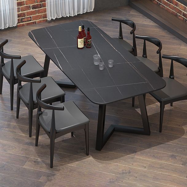 Sintered Stone Black Dining Table Industrial Rectangle Dining Table with Metal Base