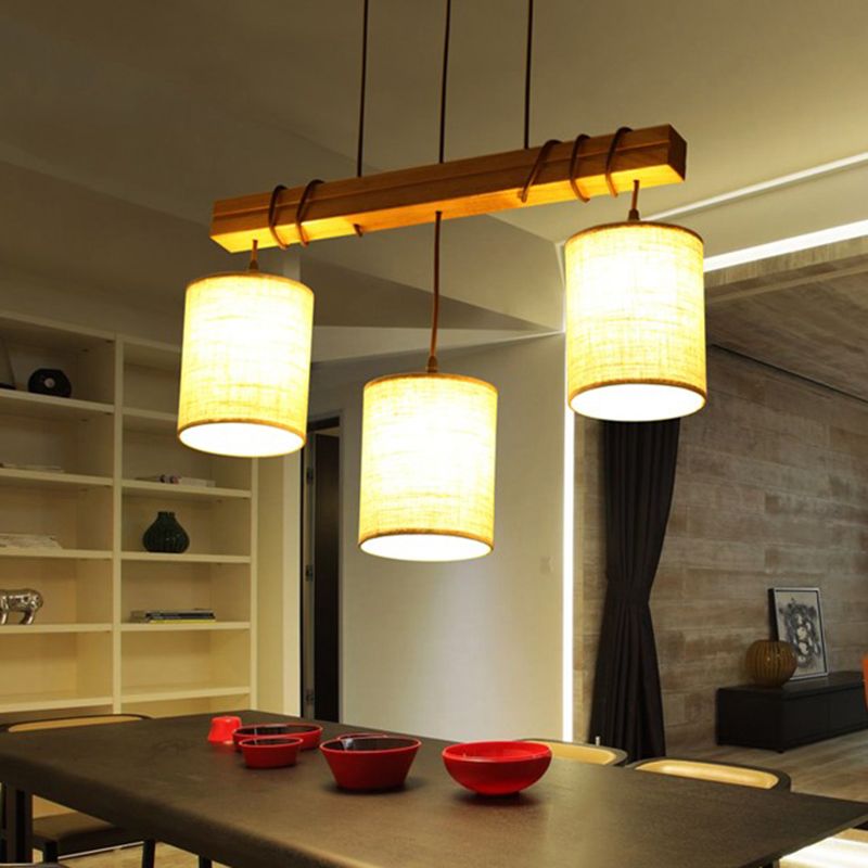 Fabric Wood Island Pendant Barrel 2/3 Lights Traditional Hanging Light Kit for Dining Room