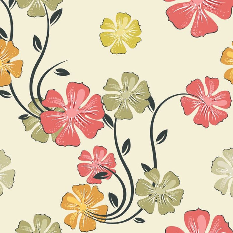 Full Size Flower Print Mural Wallpaper Red-Yellow-Green Non-Woven Wall Art, Washable, Custom Made