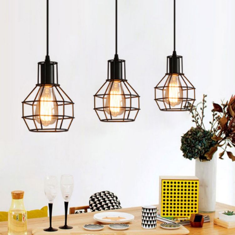 3-Lights Iron Cage Island Light 21.5 Inches Length Industrial Style Black Metal Hanging Light for Kitchen Bar