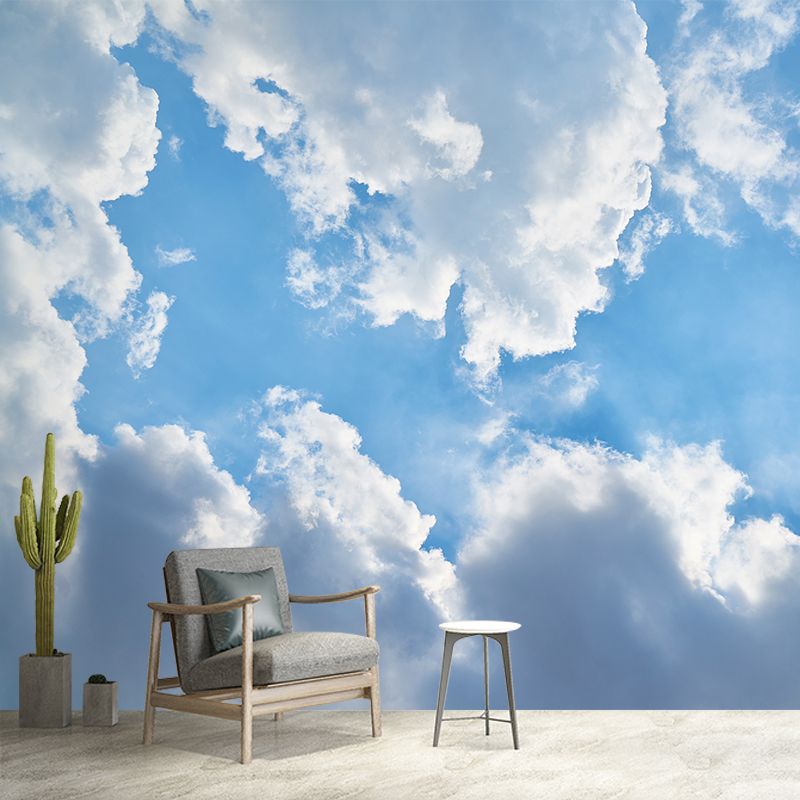 White Cloud and Blue Sky Mural Wallpape for Meeting Room Decor,Moisture Resistant