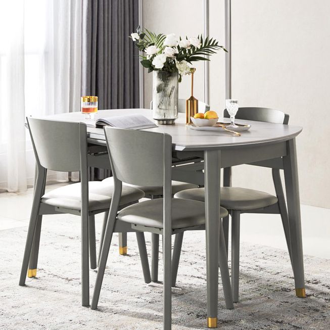 Contemporary White Round Stone Dining Table with Solid Wood Legs