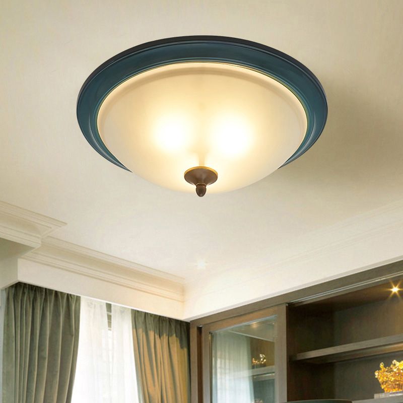 Frosted White Glass Bowl Flush Light Rustic 3-Light Bedroom Ceiling Lamp in Blue