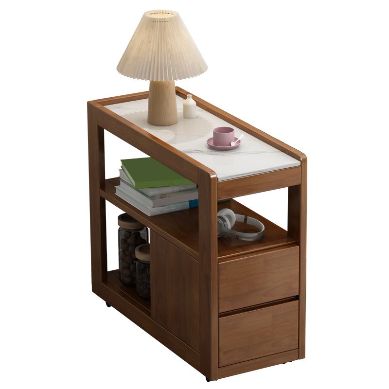 Solid Wood Accent Side Table 4 Legs with Storage Living Room Rectangular