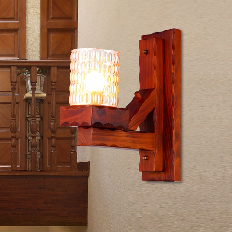 Lampada da monte a parete del cilindro marrone rosso tradizionale vetro fminple 1/8 luci da letto con un braccio in legno