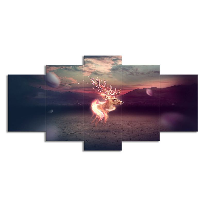 Sika Deer Canvas Kids Style Dreamy Fantasy Wall Art in Orange for Living Room
