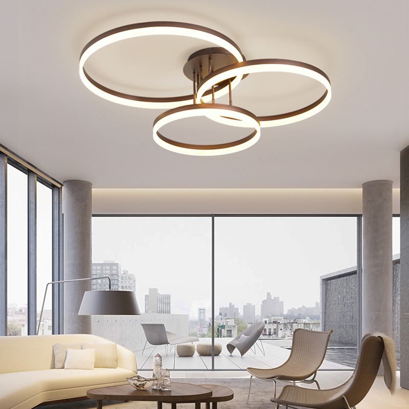 Plafoniera moderna in acrilico a 3 anelli da 31,5"/35,5" Lampada da soffitto moderna a LED marrone con montaggio a semi-incasso in luce calda/bianca/naturale