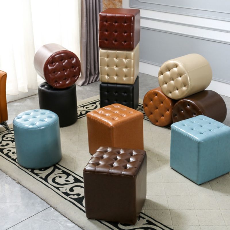 Square Tufted Ottoman Mildew Resistant Genuine Leather Mid-Century Modern Cube Ottoman