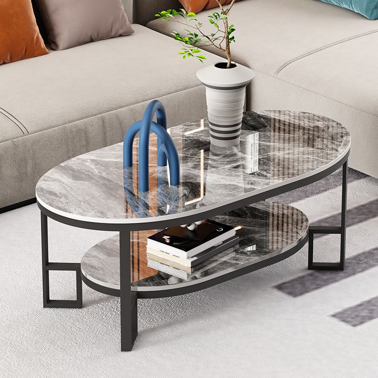Oval Slate Top Coffee Table Iron 4 Legs Cocktail Table with Shelf