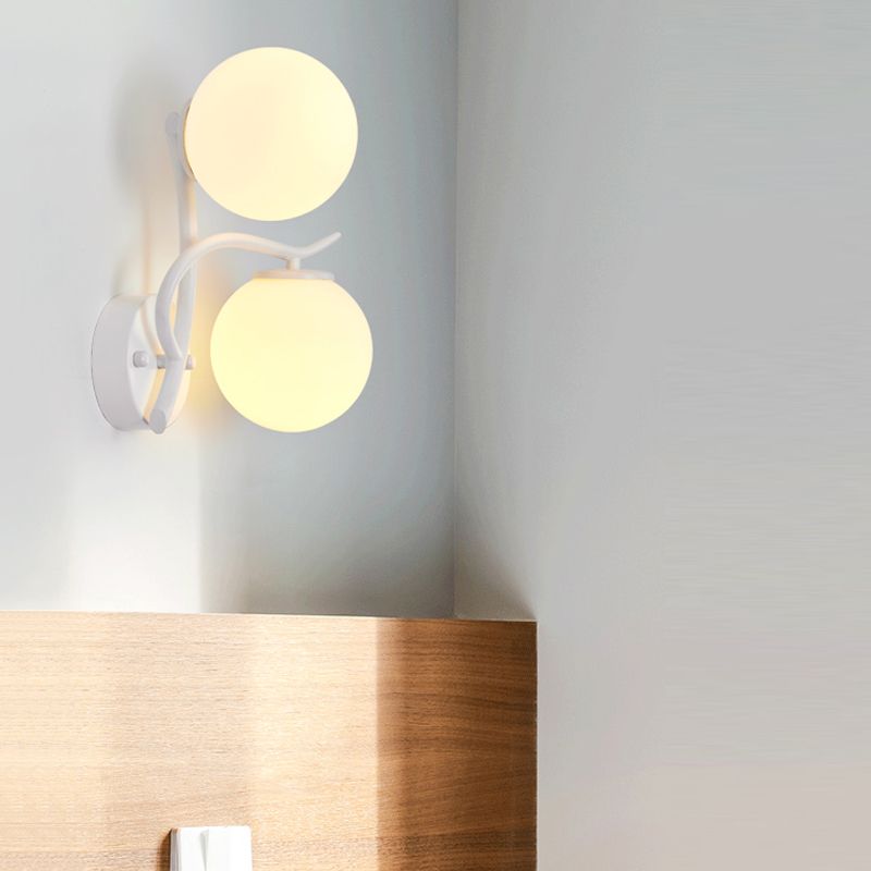 Simple Style Globe Wall Lamp 2 Heads Milk Glass Sconce Light in White for Adult Bedroom