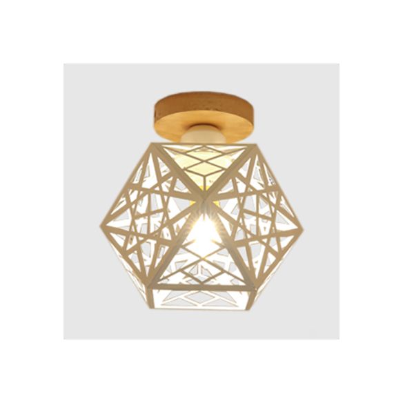 1 Bulb Metallic Semi Flush Mount Light Loft Style Black/White Pentagon Cage Living Room Ceiling Mounted Fixture