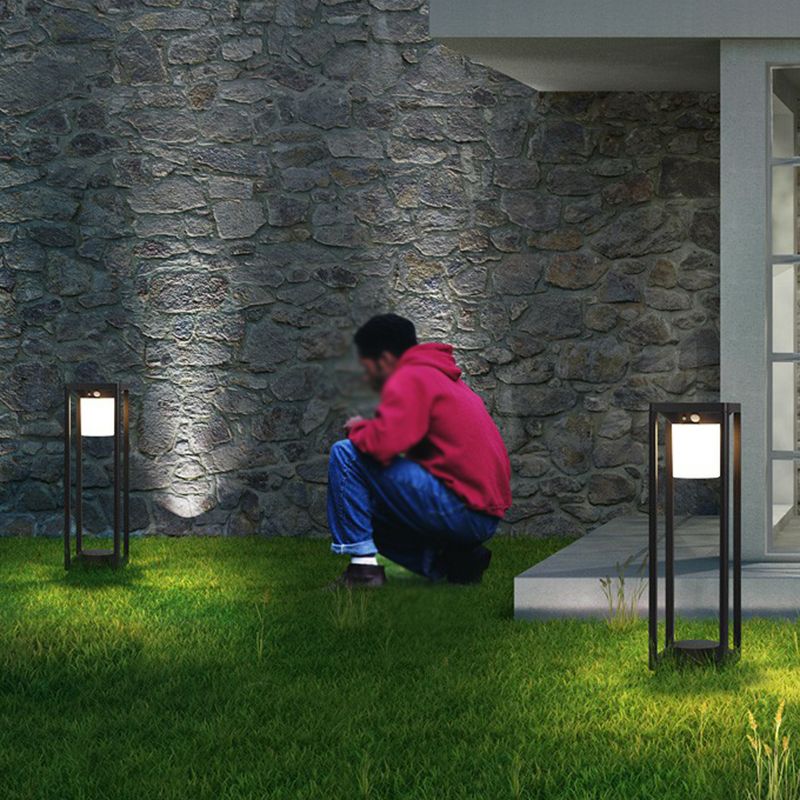 Black Open Frame LED Path Lamp Contemporary Metal Solar Ground Light for Outdoor