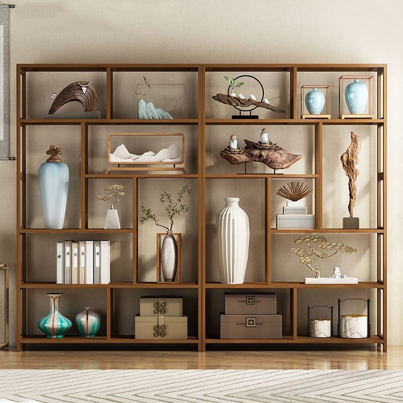 Contemporary Brown Etagere Book Shelf Open Vertical Bookshelf with Drawers
