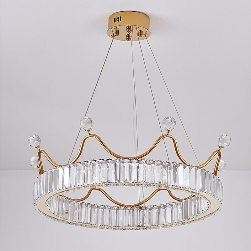 Beveled K9 Crystal Gold Pendant Light Crown Contemporary LED Ceiling Light for Bedroom