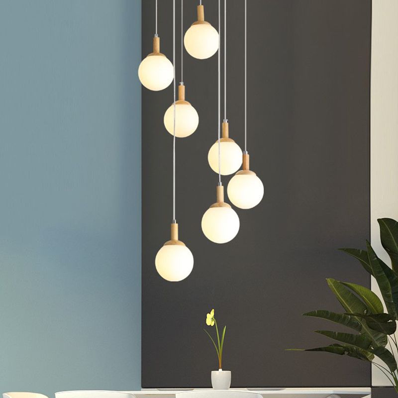 Spiral Stair Ceiling Pendant Simple Wood Multi Hanging Lamp with Ball White Glass Shade