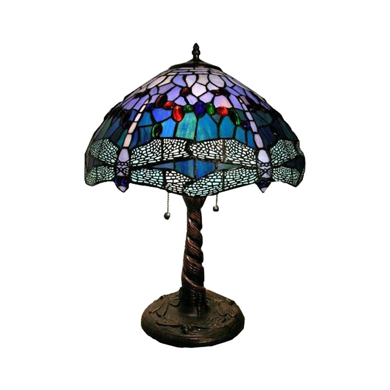 Mediterranean Dragonfly Nightstand Light 1 Light Stained Glass Table Lamp in Bronze for Bedroom