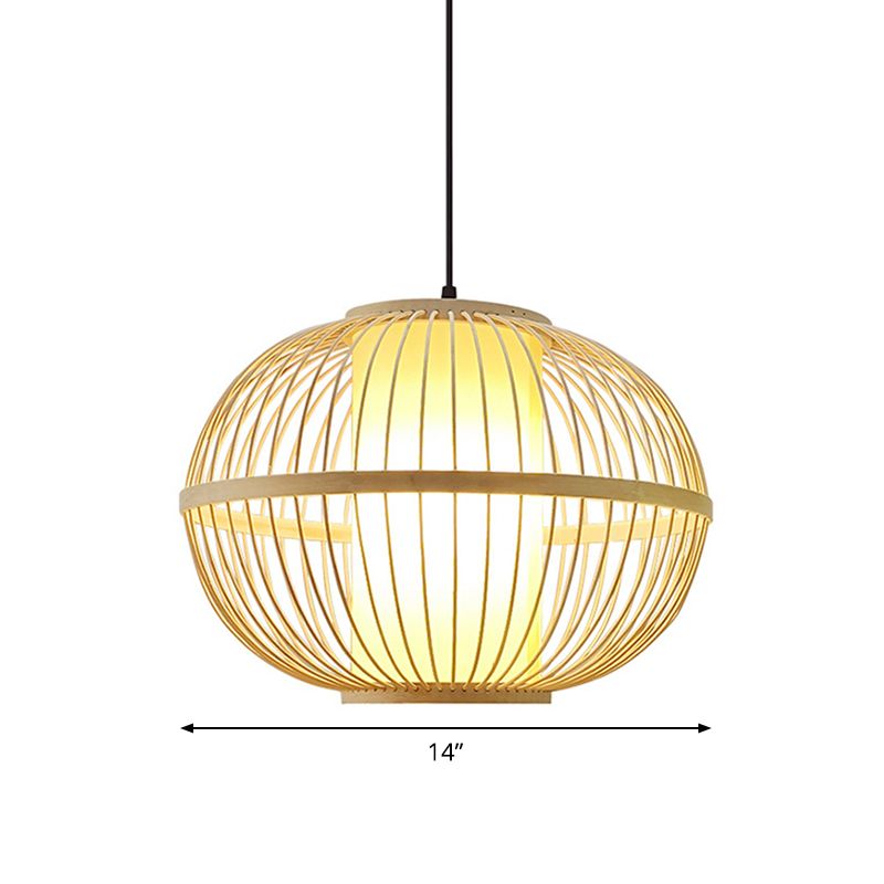 14 "/16" /23.5 "W ovale suspensieverlichting Aziatische bamboe 1-licht beige hanger lichtarmatuur met binnenschaduw