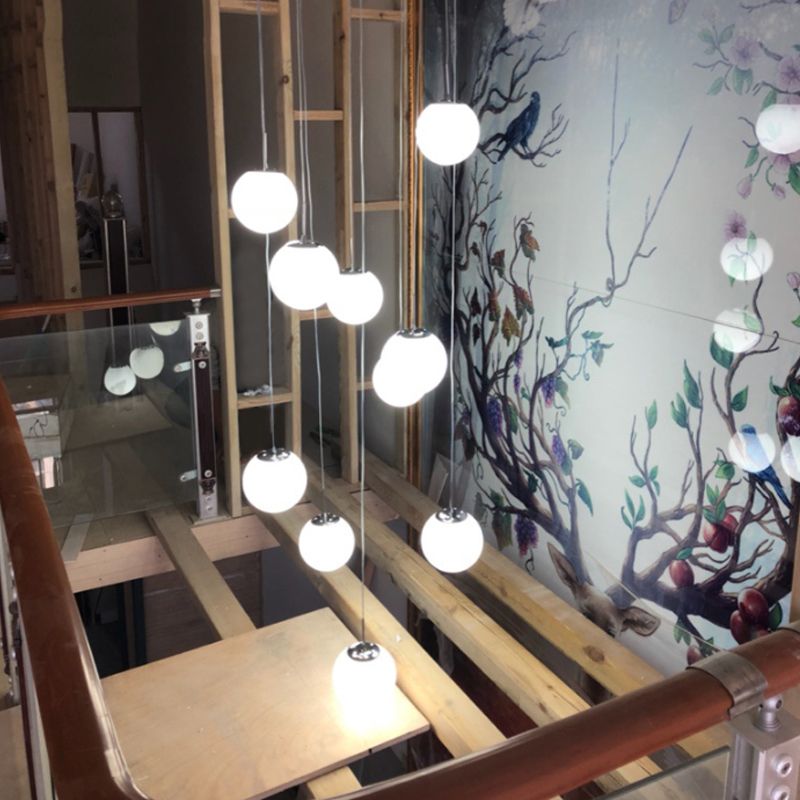 Silver 10 Heads Hanging Light Kit Modernism White Glass Meteor Shower Cluster Pendant Lamp