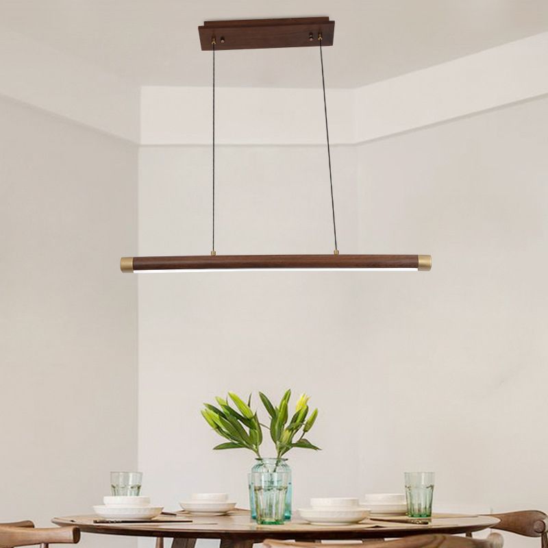 Minimalistic Linear Island Lighting Walnut Wood Tea Room LED Hanging Light in Dark Brown