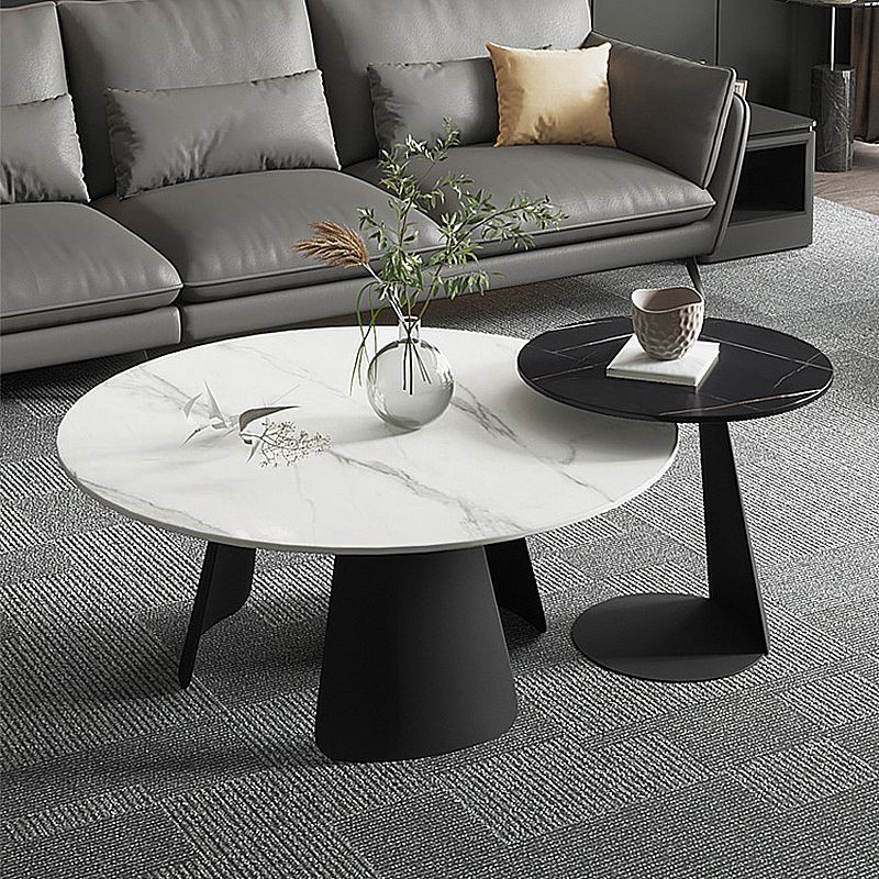 Modern Style Cocktail Table Slate Top Metal Base Round Coffee Table