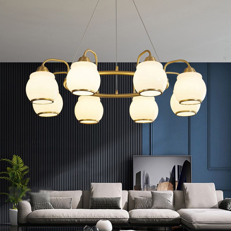 Modern Luxury Indoor Pendant Light Copper Geometric Chandelier with White Glass Shade