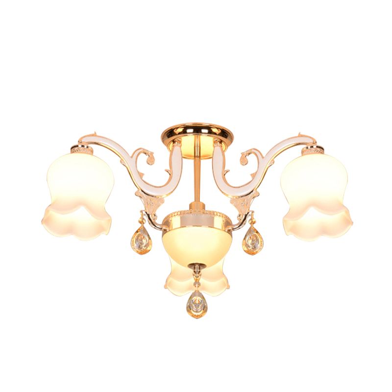 Bloom Dining Room Plafond Light Simplicity Cream Glass 4 têtes Gold Crystal Semi Flush