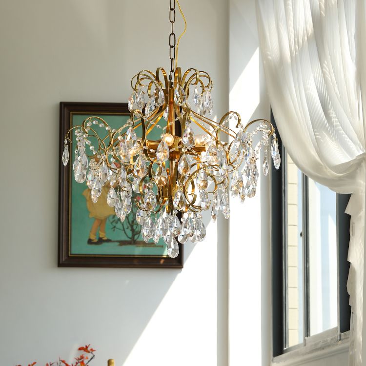 Brass Scrolls Chandelier Pendant Countryside Crystal Dining Room Hanging Light