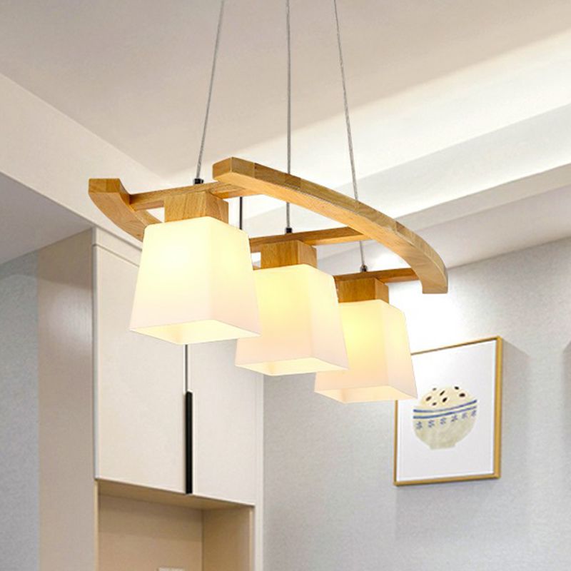 3 Lights Dining Room Ceiling Light Nordic Wood Island Pendant with Trapezoid White Glass Shade