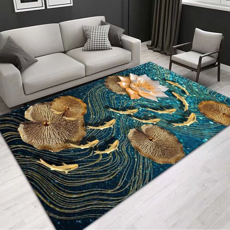 Blue Gorgeous Rug Polyester Peacock Rug Stain Resistant Rug for Living Room