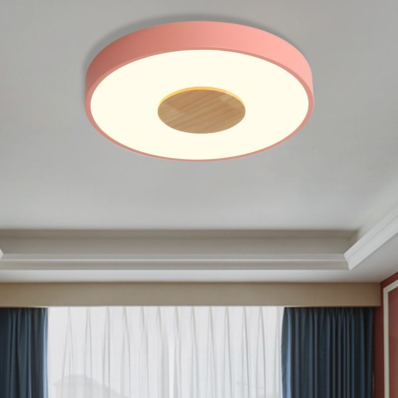 Round Flush Mount Ceiling Light Nordic Iron 1 Head Pink/Blue/White Lighting Fixture for Bedroom, 12"/16"/19.5" Width