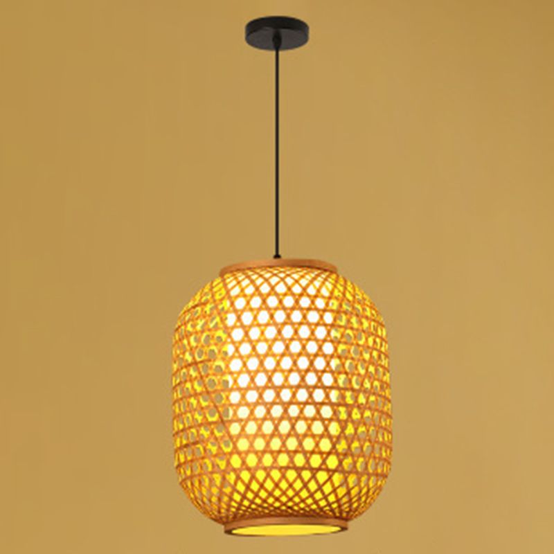 1 Light Lantern Hanging Light Fixtures Japanese Bamboo Ceiling Pendant for Restaurant