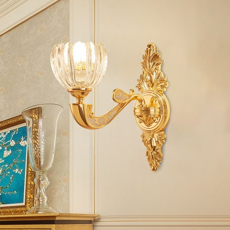 Beveled Crystal Dome Sconce Light Modernism 1/2-Bulb Bedroom Wall Mounted Lamp Fixture in Gold