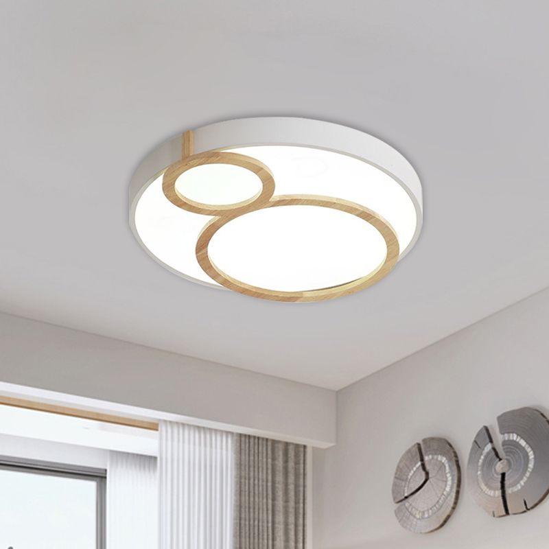 Circular Flush Mounted Light Fixture Macaron Acrylic White/Green/Grey and Wood LED Flush Lamp Fixture