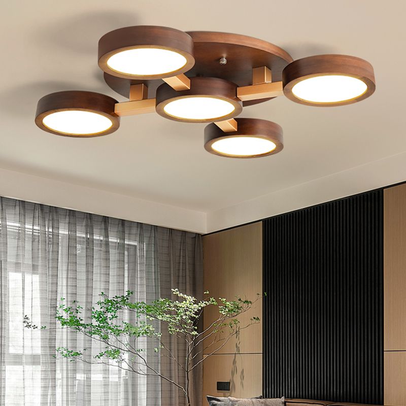 Brown Wood Modern Flush Mount Circle Shape Ceiling Light with Acrylic Shade for Passage