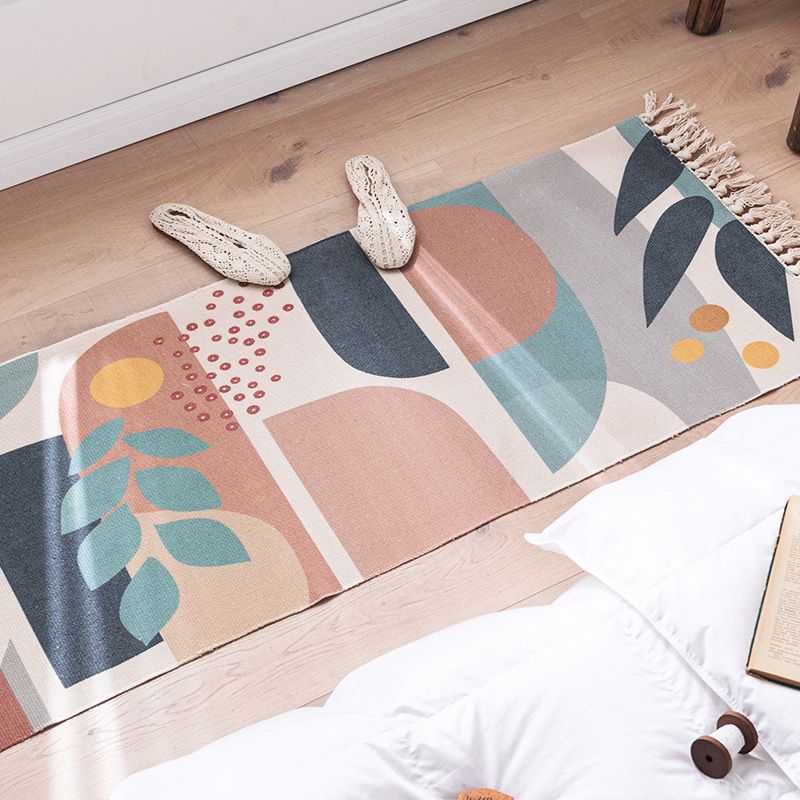 Modern Plant Printed Rug Multi-Colored Jute Area Carpet Easy Care Pet Friendly Stain-Resistant Indoor Rug with Tassel for Bedroom