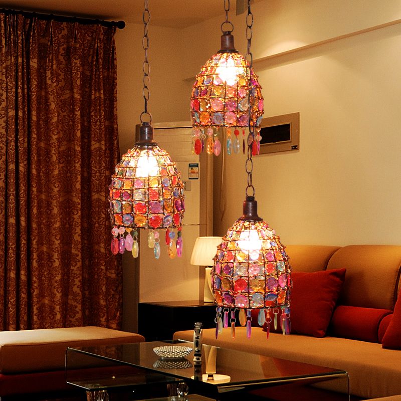 Dome Bedroom Cluster Pendant Light Bohemian Metal 3 Lights Rust Hanging Lamp with Round/Linear Canopy