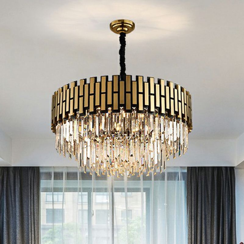 Gold Finish Round Hanging Ceiling Light Postmodern Crystal Rods Chandelier Pendant for Living Room