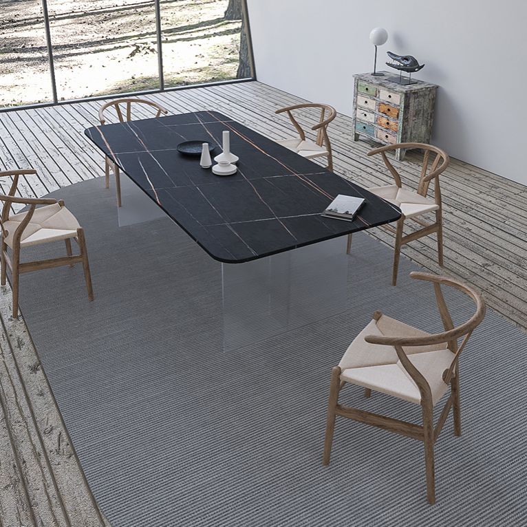 Contemporary Rectangle Dining Table Sintered Stone Dining Table with Clear Acrylic Double Pedestal