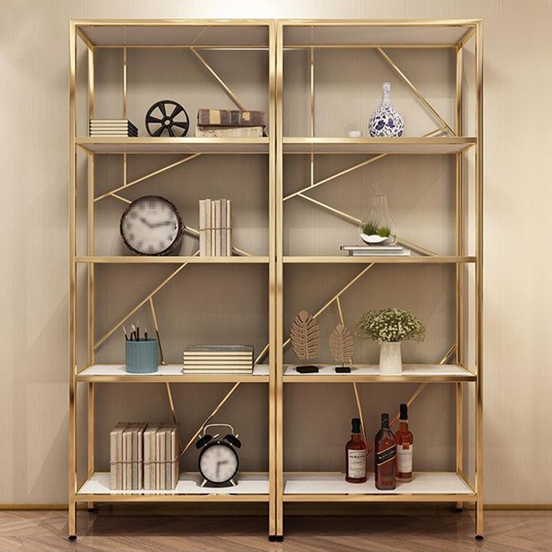 Scandinavian Open Etagere Bookshelf with Gold Iron Frame White Manufactured Wood Shelf